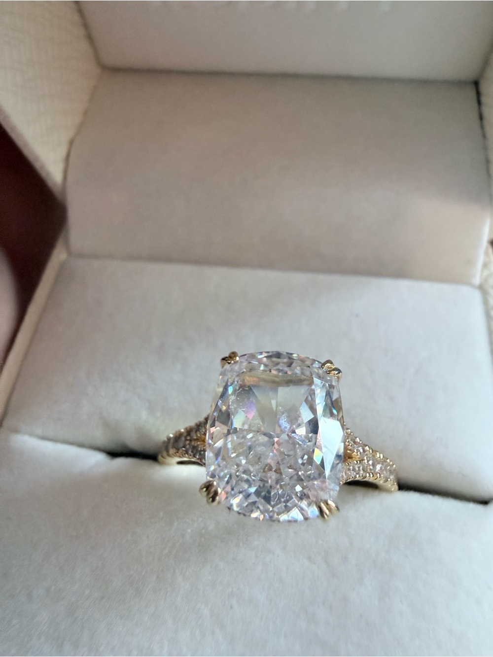 Gold Cushion-Cut Clear Stone Ring with Pavé Band